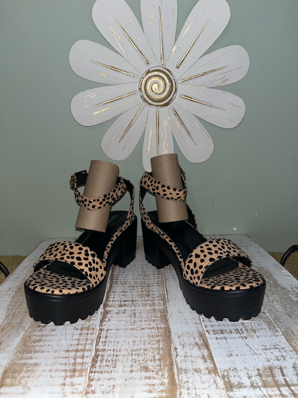 TOP Moda Leopard Spot Platform Sandals in Tan and Black